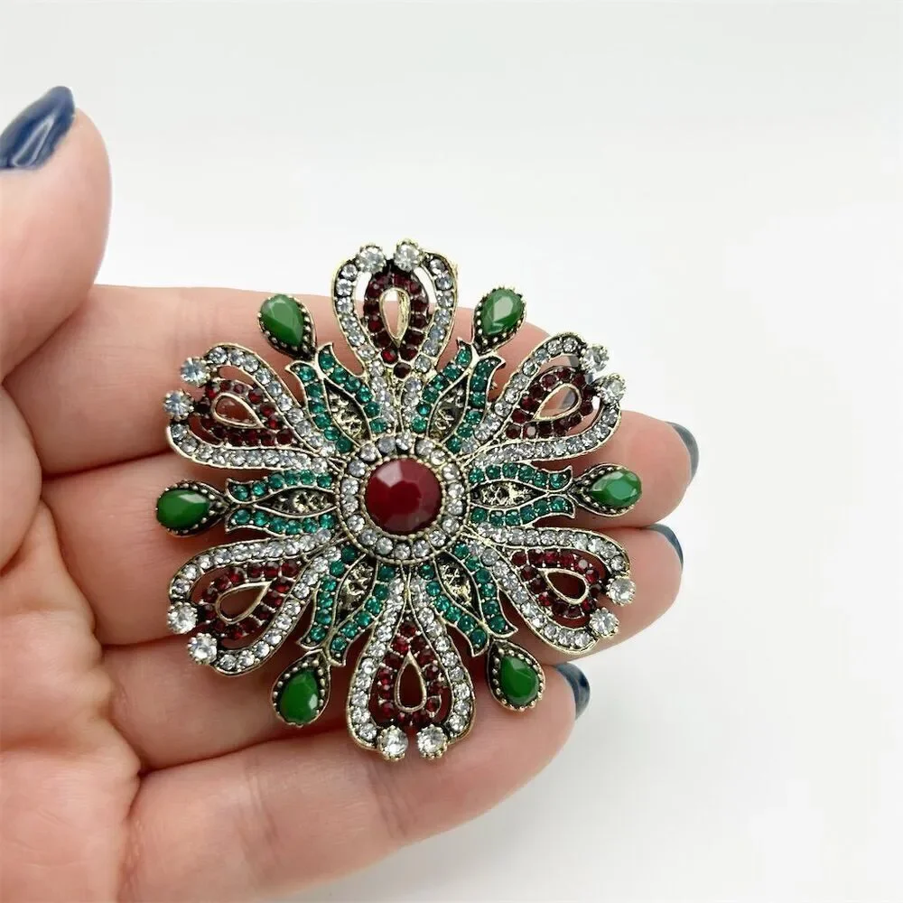 Baroque Flower Red, Green & Clear Rhinestones Round Brooch Sparkle Gold Tone
